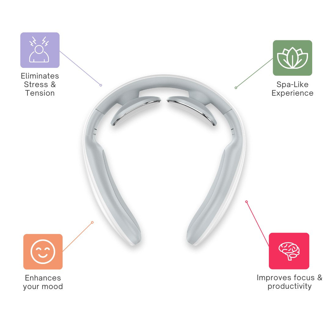 Necklux benefits: eases stress and tension, spa like experience, lifts your mood, helps focus